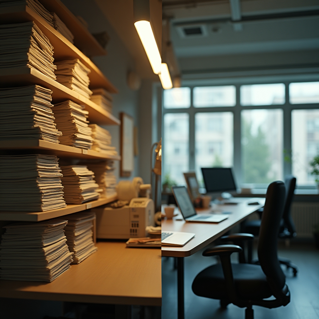 Büro mit Pendelordnern und modernem digitalen Arbeitsplatz im Vergleich