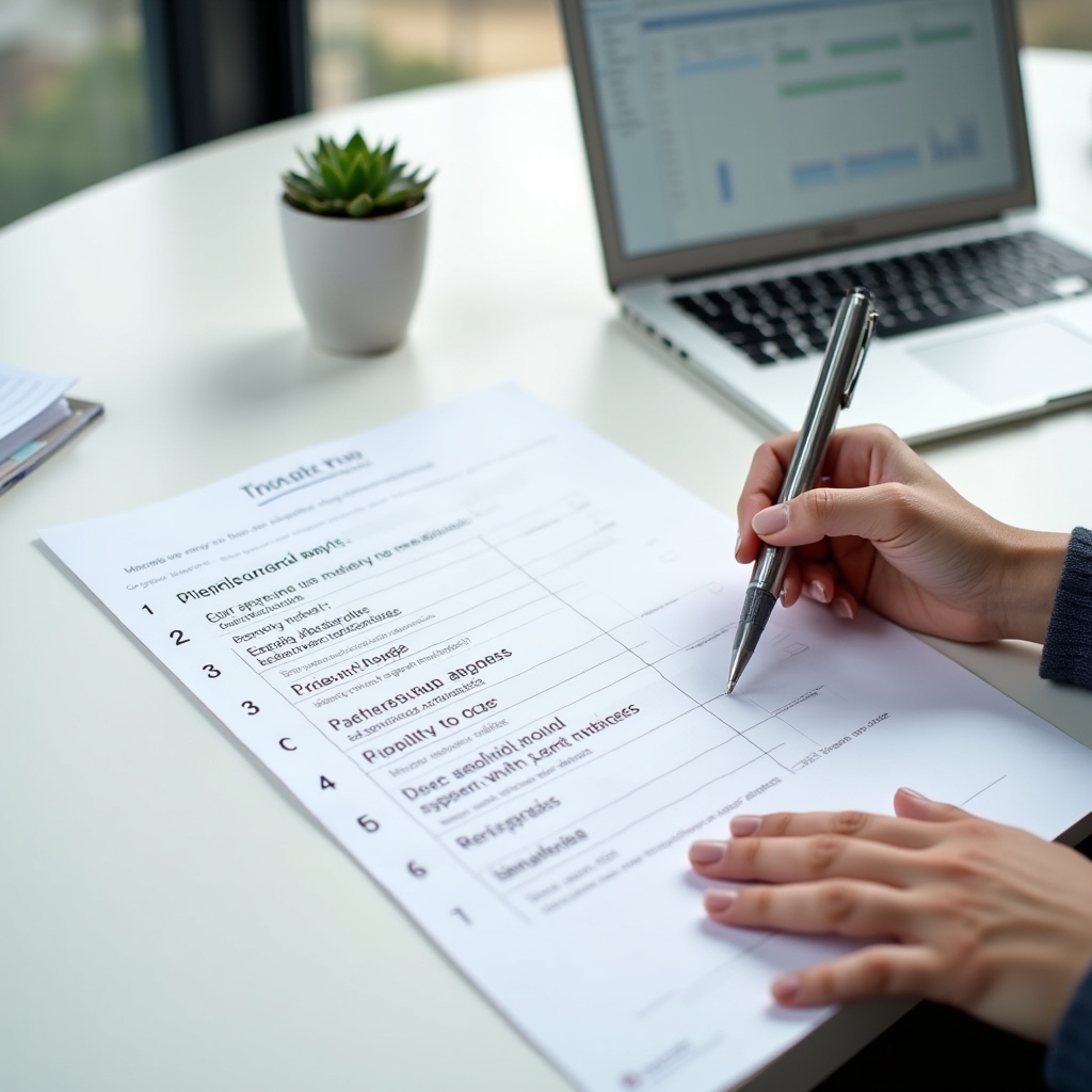 Schriftlicher Maßnahmenplan auf einem modernen Schreibtisch mit Notizen und Übersichten