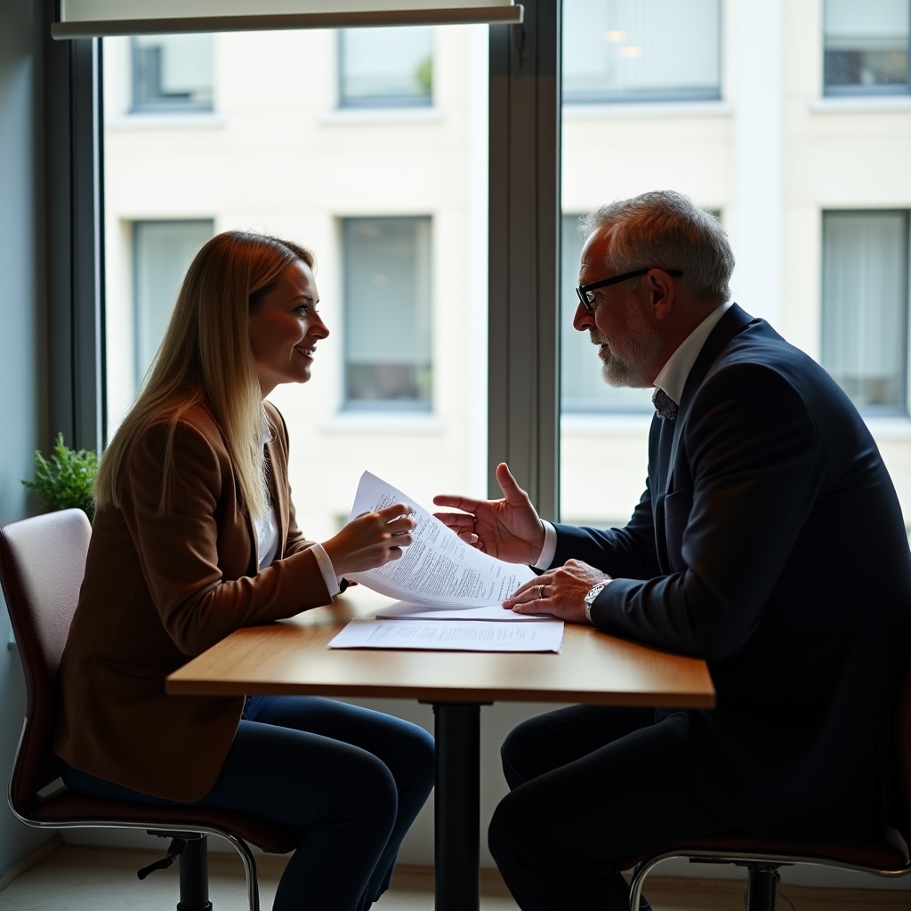 Besprechung des Maßnahmenplans mit Unternehmensinhaber in hellem Büroraum
